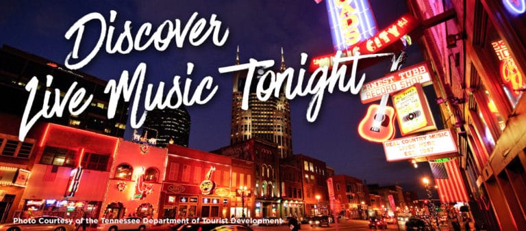 Downtown Nashville that says "discover live music tonight" and other fall music events in Nashville
